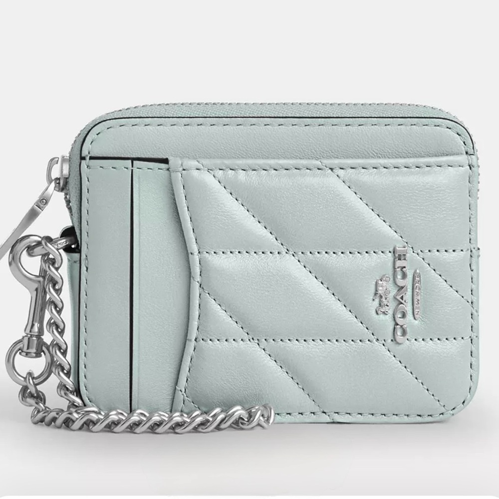 Coach Zip Card Case Quilted Leather Card Holder Light Green NWT